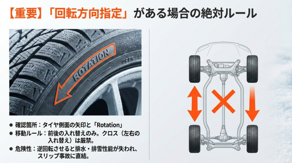 タイヤ側面のRotation矢印の確認位置と、前後の入れ替えのみを行う安全な移動ルール
