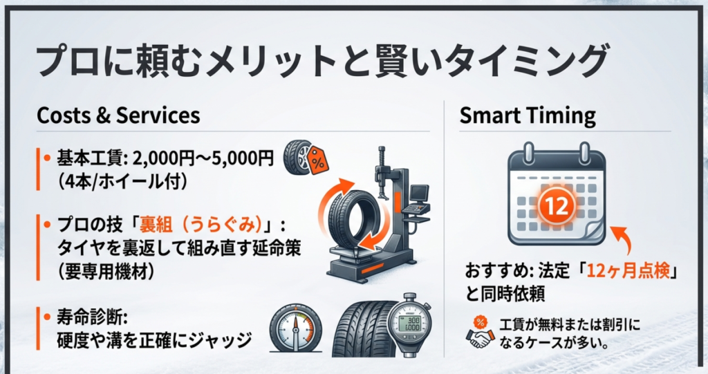 タイヤ組み換え機材や法定12ヶ月点検のタイミングなど、プロに頼むメリット