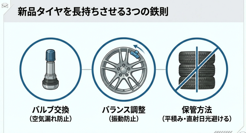 バルブ交換、バランス調整、平積みでの保管方法など、スタッドレスタイヤを長持ちさせる鉄則