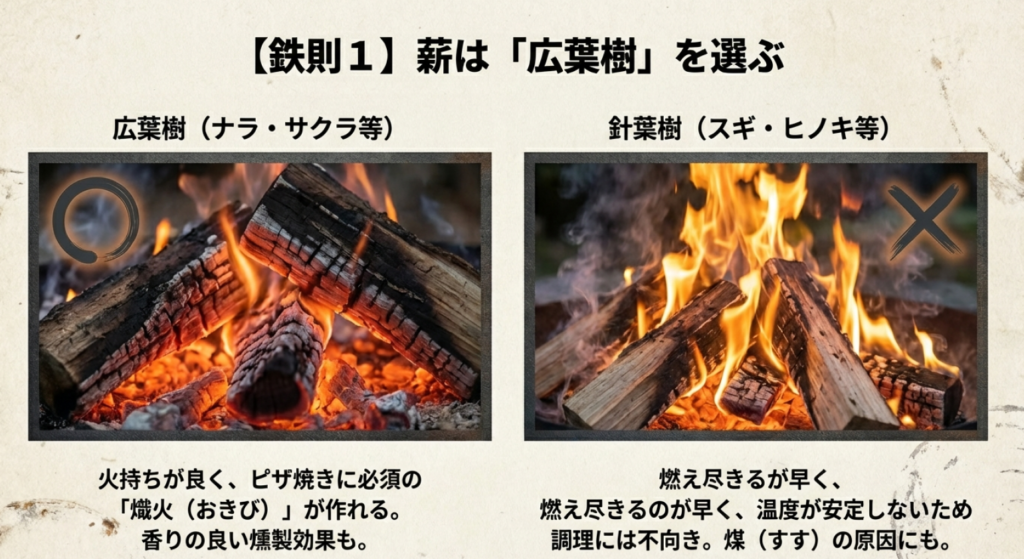 ピザ焼きに適した広葉樹と不向きな針葉樹