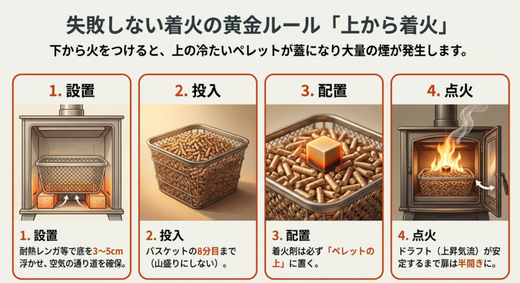ペレットストーブの正しい着火手順・煙を防ぐ上から着火（トップダウン方式）の4ステップ