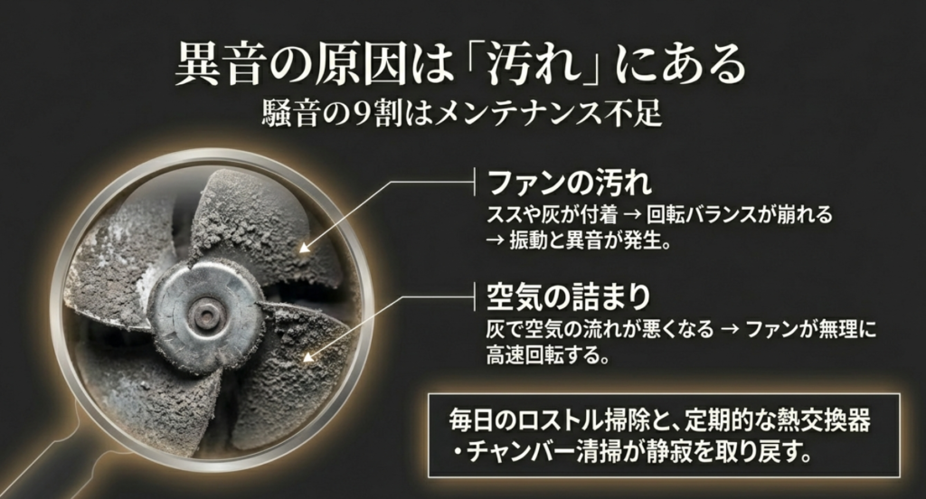 ペレットストーブの異音原因：ファンの汚れと空気の詰まり