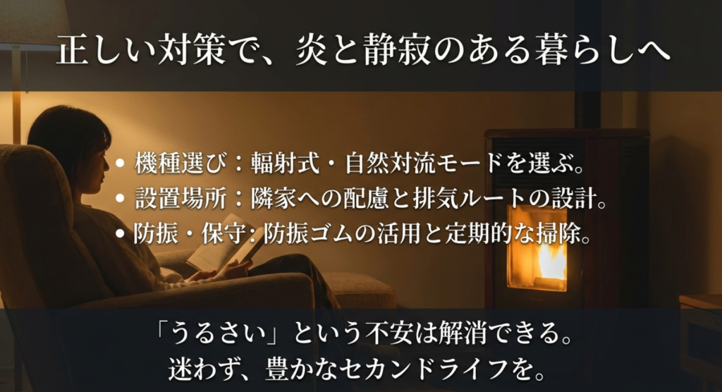ペレットストーブ騒音対策まとめ：機種選び・設置・防振
