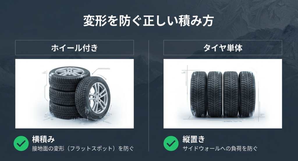 ホイール付きタイヤは横積み、タイヤ単体は縦置きという変形を防ぐ正しい積載・保管方法