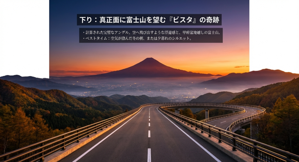 ループ橋を下る正面に見える富士山と甲府盆地の絶景