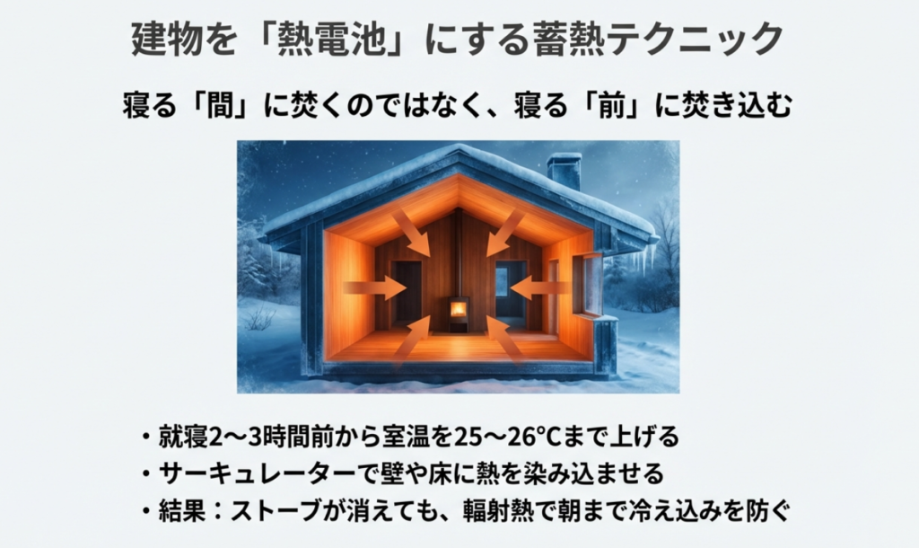 ログハウスなどの建物を熱電池にする蓄熱テクニックとサーキュレーター活用