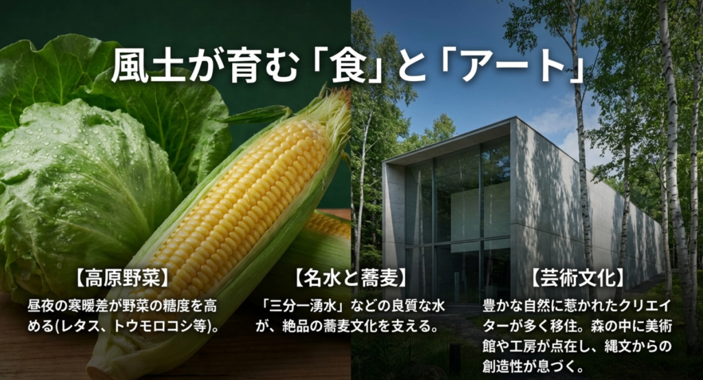 八ヶ岳の高原野菜、名水と蕎麦、そして森に点在する美術館やクリエイターによる芸術文化を紹介