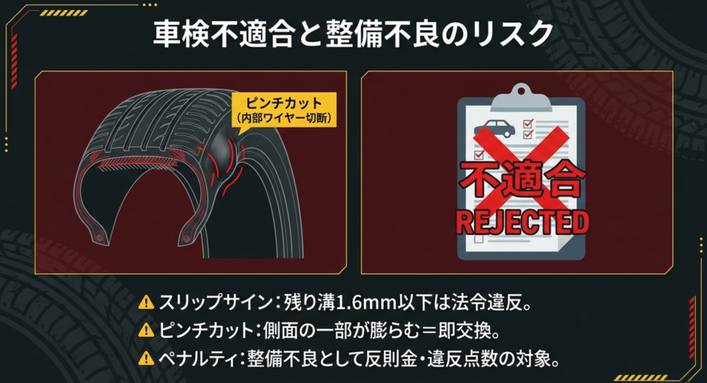 内部ワイヤーが切断されたピンチカットの図解と、整備不良により車検不適合となるリスク