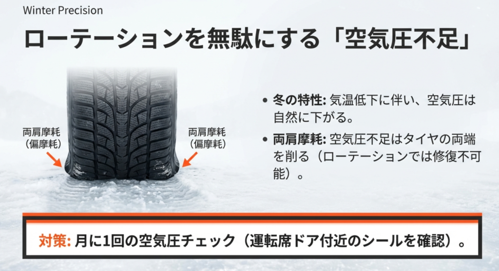 冬の気温低下による空気圧不足が引き起こす、タイヤ両肩の偏摩耗を示す図