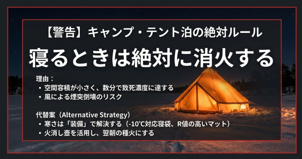 冬キャンプ・テント泊での薪ストーブ使用における絶対ルールと代替防寒対策