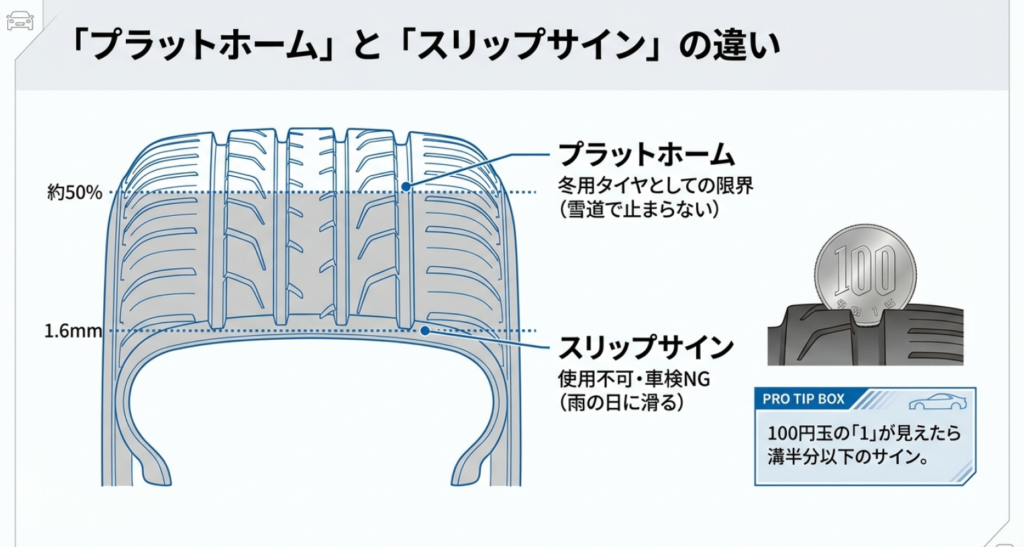 冬用タイヤの限界を示すプラットホームと、法令違反となるスリップサインの違い、100円玉を使った確認方法