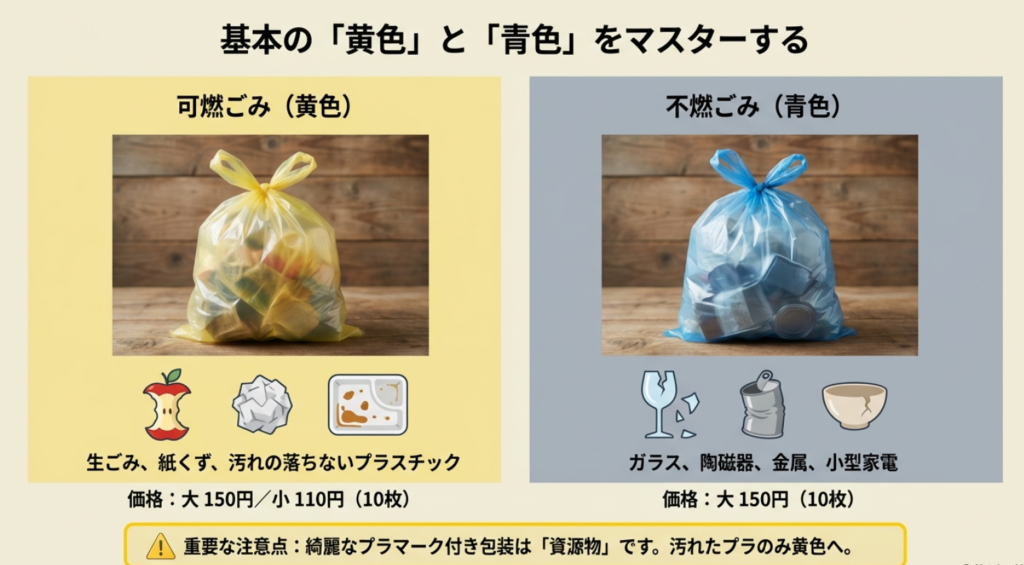 北杜市の可燃ごみ（黄色）と不燃ごみ（青色）の指定袋と分別の基本