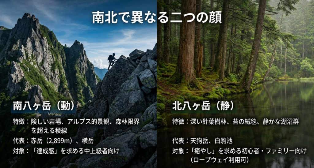 南八ヶ岳（動・険しい岩場）と北八ヶ岳（静・苔の森と湖）の特徴、代表的な山、対象者を比較