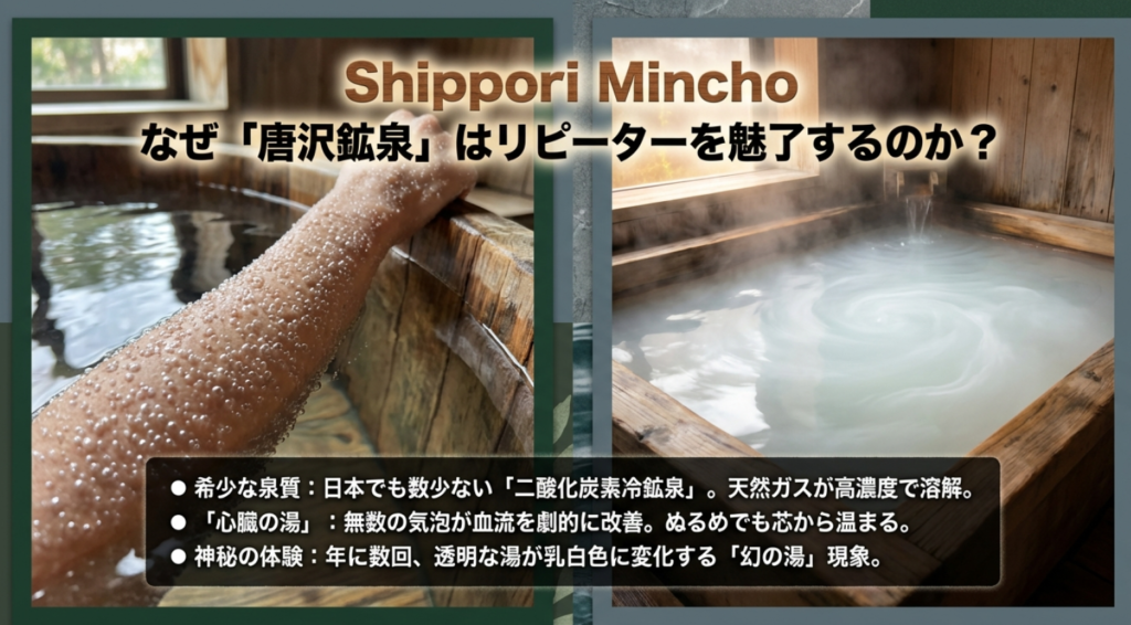 唐沢鉱泉がリピーターを魅了する理由。日本でも数少ない二酸化炭素冷鉱泉と、血流を改善する心臓の湯の効果
