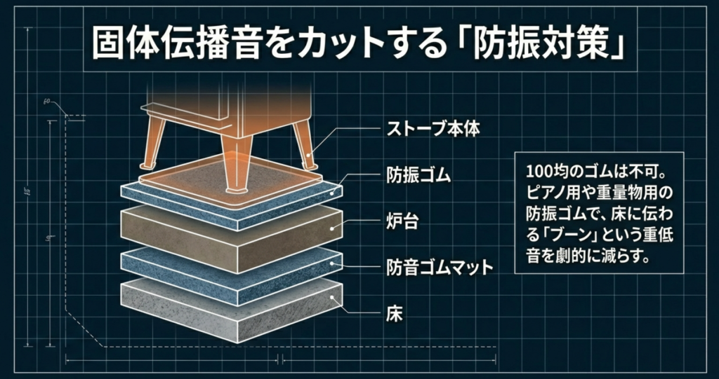 固体伝播音をカットする防振対策の図解。ストーブ本体、防振ゴム、炉台、防音ゴムマット、床という多層構造で重低音を減らす方法