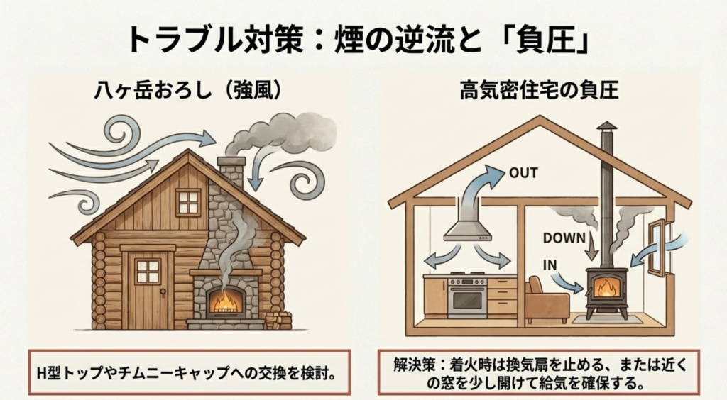 強風によるバックドラフトと高気密住宅の負圧メカニズム