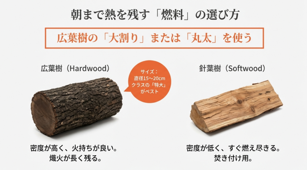 朝まで熱を残すための広葉樹・特大薪のサイズ選びと針葉樹との違い