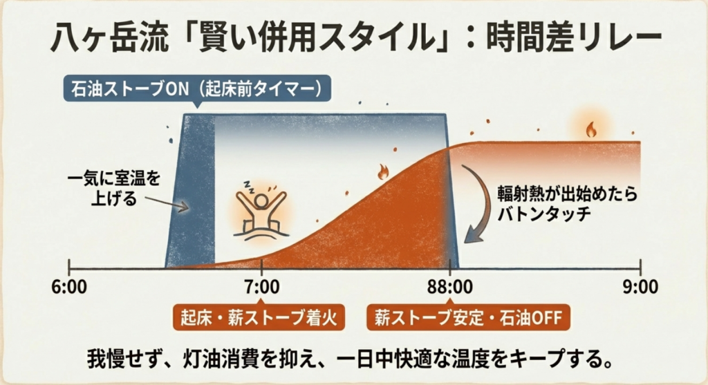 朝6時に石油ストーブで室温を一気に上げ、7時から薪ストーブの輻射熱にバトンタッチする温度変化グラフの