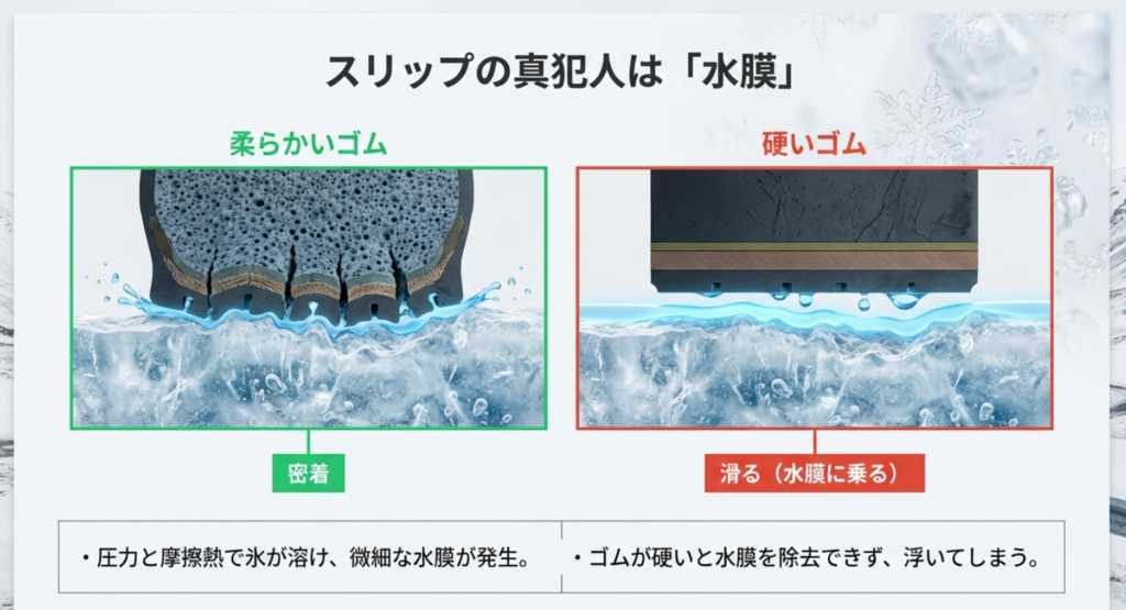 柔らかいゴムと硬いゴムの凍結路面での水膜の除去と密着度の違いを示す図解