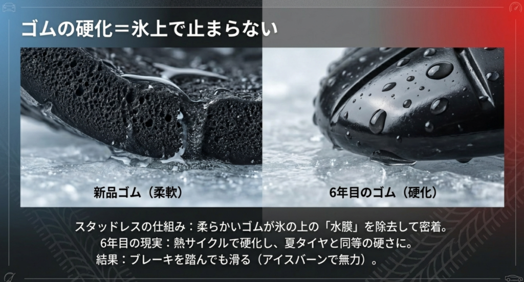 柔軟な新品ゴムと硬化した6年目のゴムの比較。ゴムの硬化により氷上で滑る原因を解説