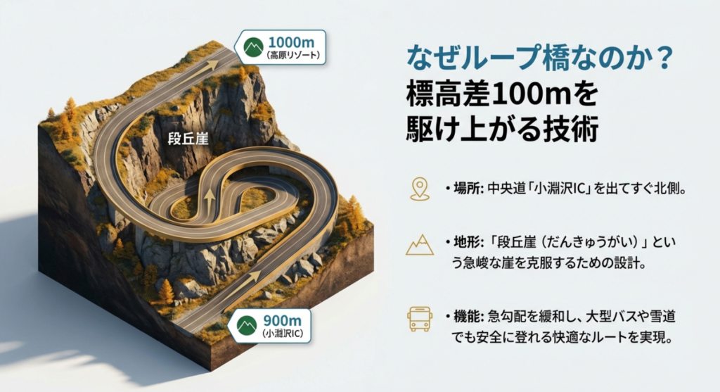 標高差100mを克服するループ橋の技術と地形