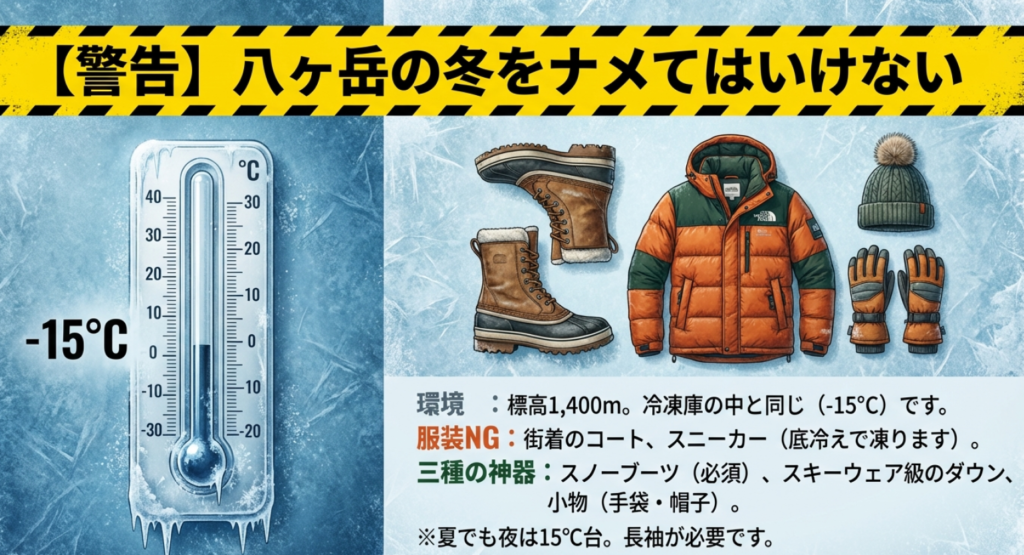 標高1,400m、マイナス15℃にもなる過酷な冬の環境を「冷凍庫の中」と表現し、スノーブーツなどの必須装備を促す警告スライド