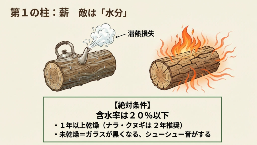 湿った薪が熱を奪う潜熱損失の仕組み