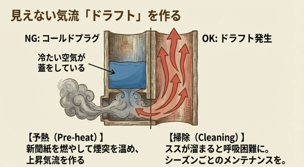 煙突内のコールドプラグとドラフト発生の仕組み