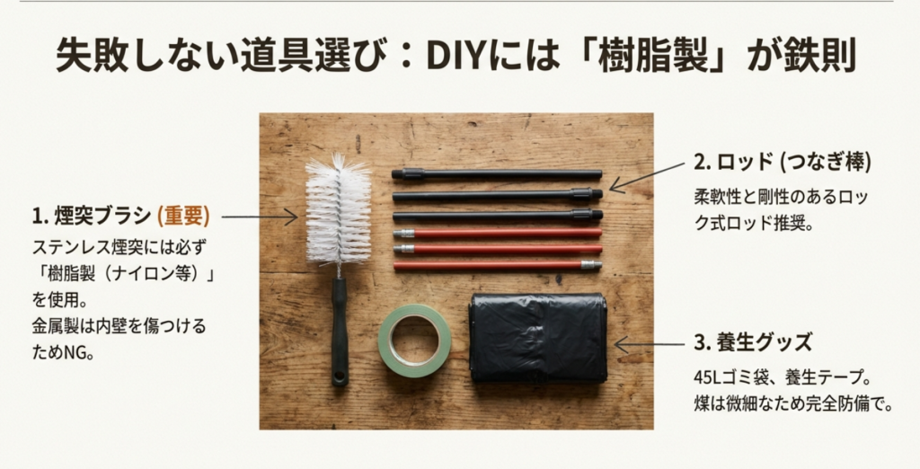 煙突掃除に必要な道具一式。ステンレス煙突用の樹脂製ブラシ、接続式ロッド、養生テープ、ゴミ袋の写真