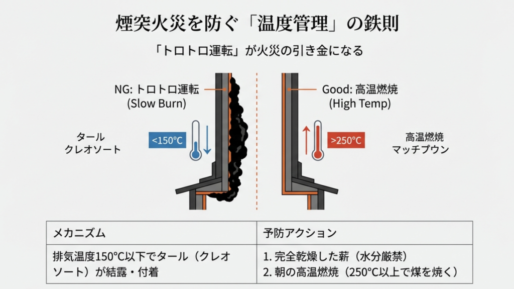 煙突火災の原因となるトロトロ運転とタール発生を防ぐ温度管理グラフ