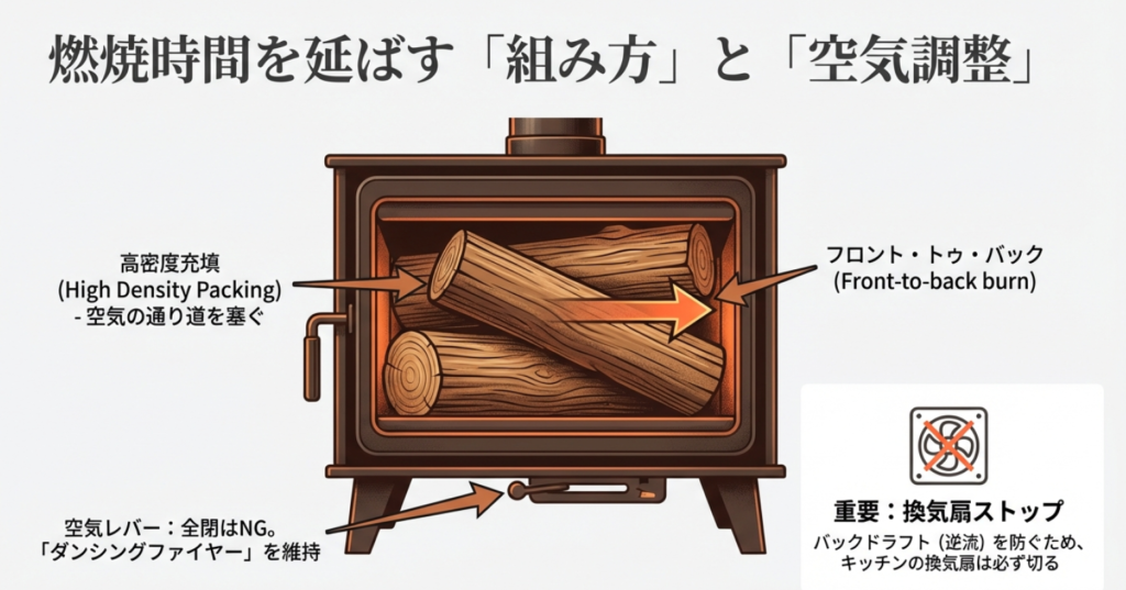 燃焼時間を延ばす薪の高密度充填と空気レバー調整のコツ
