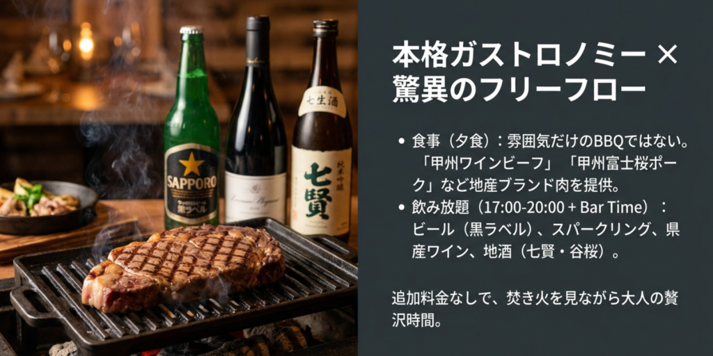 甲州ワインビーフのステーキと、サッポロ黒ラベル、山梨の地酒「七賢」などが並ぶ、豪華な夕食BBQと飲み放題