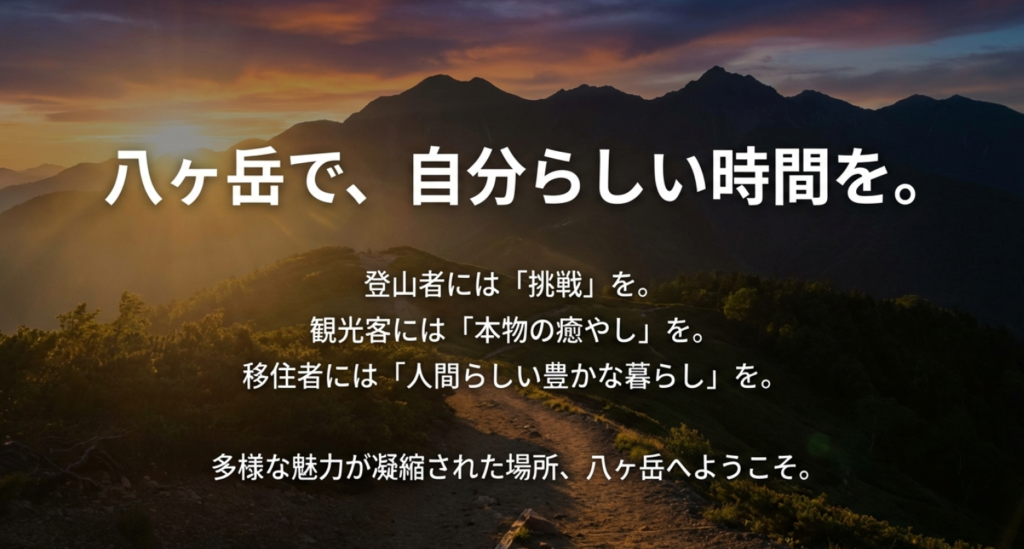 登山者、観光客、移住者それぞれの「自分らしい時間」を提案する、八ヶ岳への歓迎メッセージ