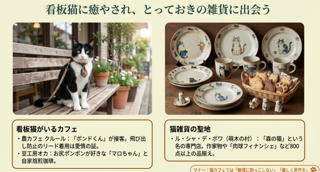 看板猫がいるカフェと猫雑貨専門店の紹介