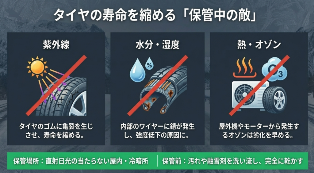 紫外線、水分と湿度、熱やオゾンなど、タイヤの寿命を縮める保管中の3つの敵と劣化要因