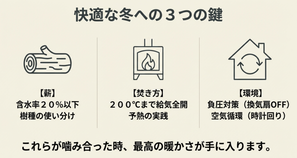 薪の含水率、焚き方、環境（換気・循環）の3つが揃うことで最高の暖かさが手に入ることを示したまとめの図