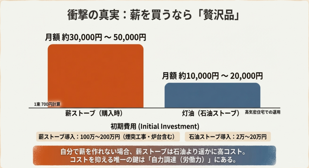 薪を購入した場合の月額コスト（約3〜5万円）と、灯油代（約1〜2万円）を比較