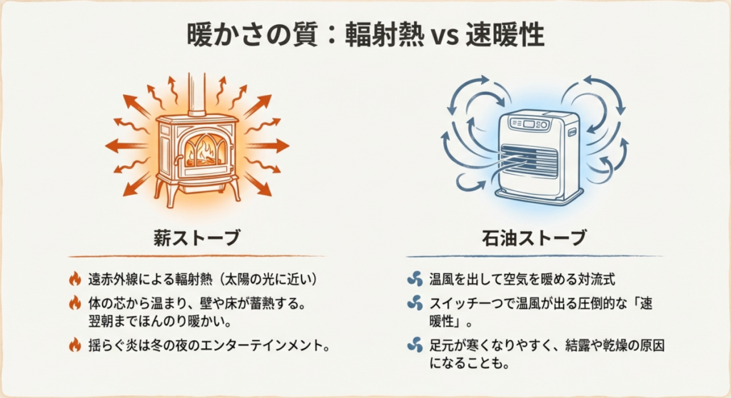 薪ストーブから出る輻射熱と、石油ファンヒーターから出る温風対流の仕組みを比較