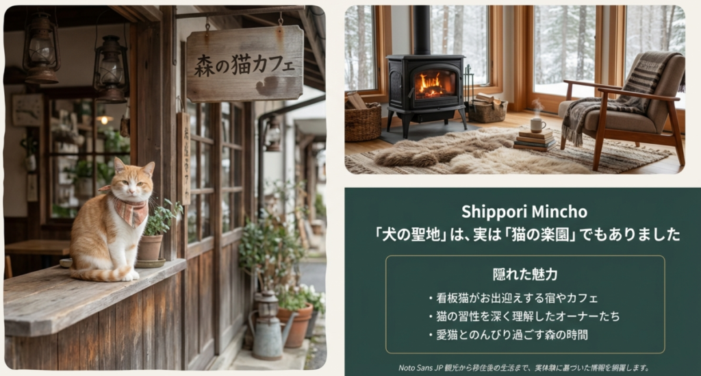 薪ストーブのあるリビングと森の猫カフェのイメージ