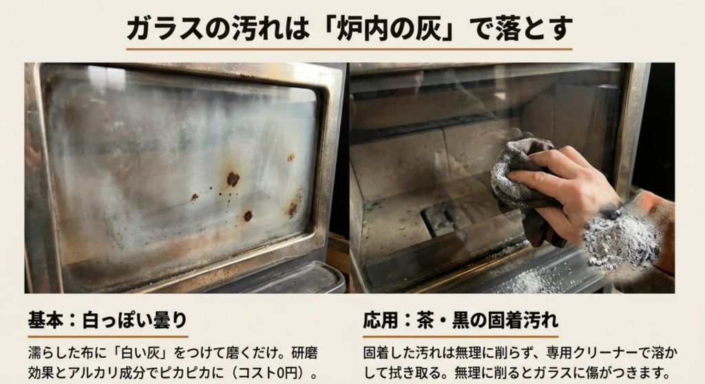 薪ストーブのガラス汚れを灰で落とす方法