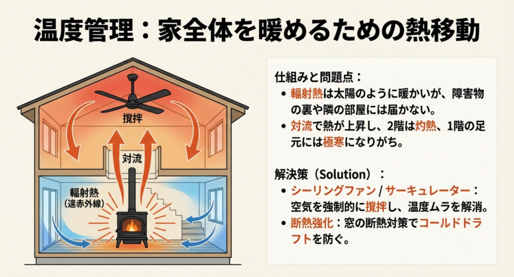 薪ストーブの暖房効率・輻射熱と対流の仕組みとシーリングファンの重要性