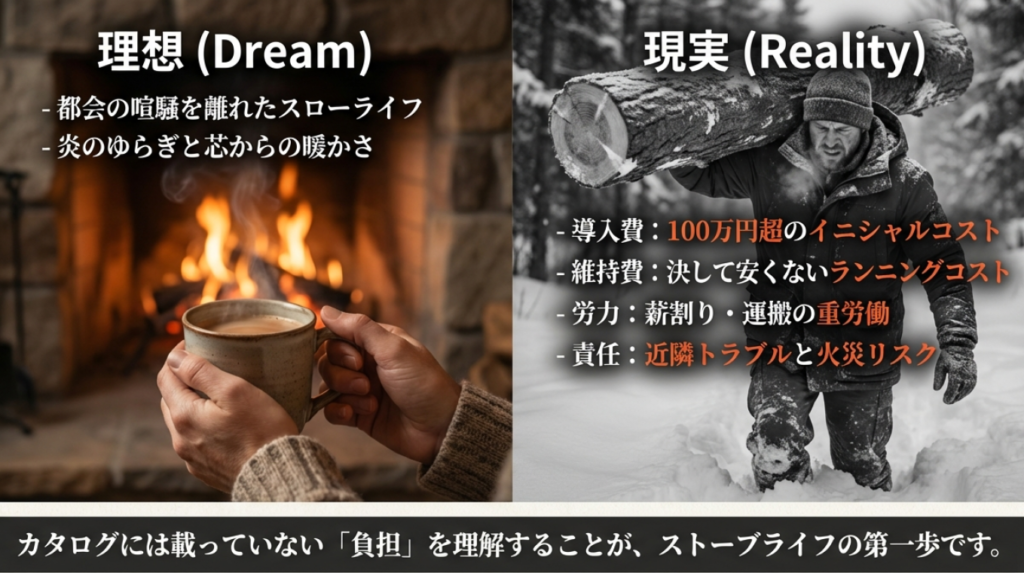 薪ストーブの理想(スローライフ)と現実(導入費・維持費・労力・責任)の比較