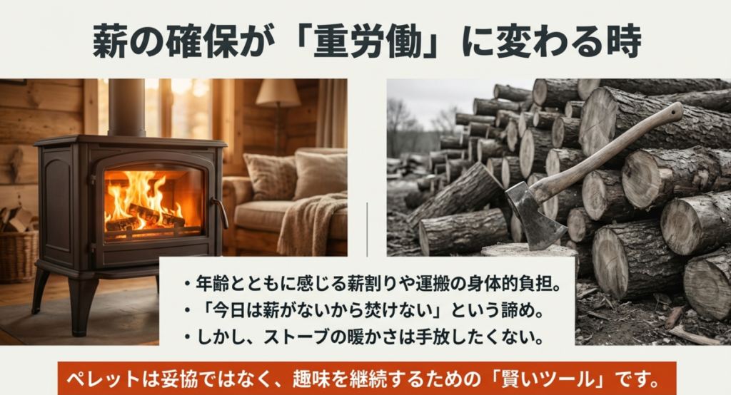 薪ストーブの薪割りや運搬の身体的負担とペレット化によるメリットの比較