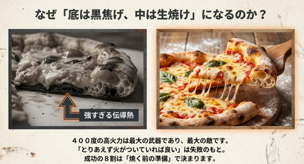 薪ストーブピザの失敗例。底は黒焦げで中は生焼けになるのは、炉床からの強すぎる伝導熱が原因