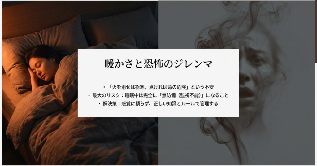 薪ストーブ就寝時の暖かさと一酸化炭素中毒の恐怖のジレンマ