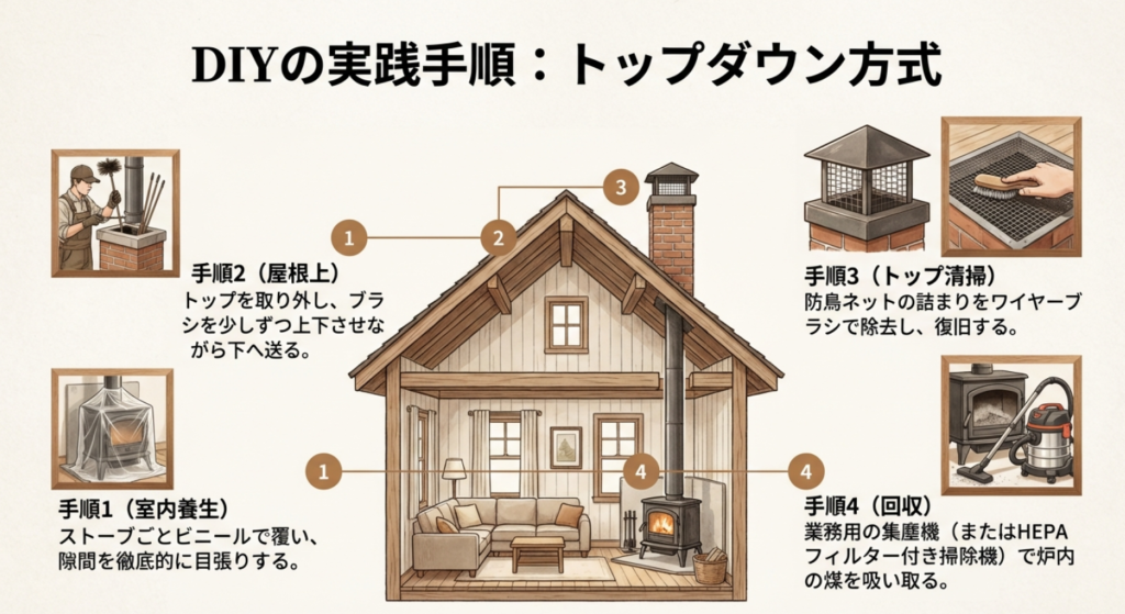 薪ストーブ煙突掃除のDIY手順イラスト図解
