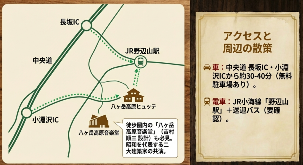 車・電車でのアクセス方法と、徒歩圏内にある吉村順三設計「八ヶ岳高原音楽堂」を紹介するスライド