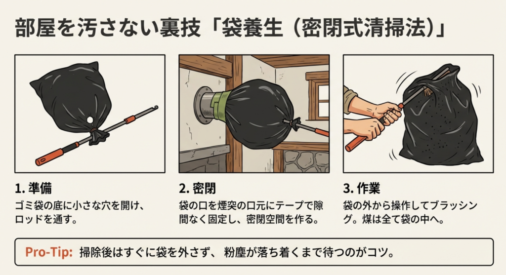 部屋を汚さない袋養生・密閉式煙突掃除法