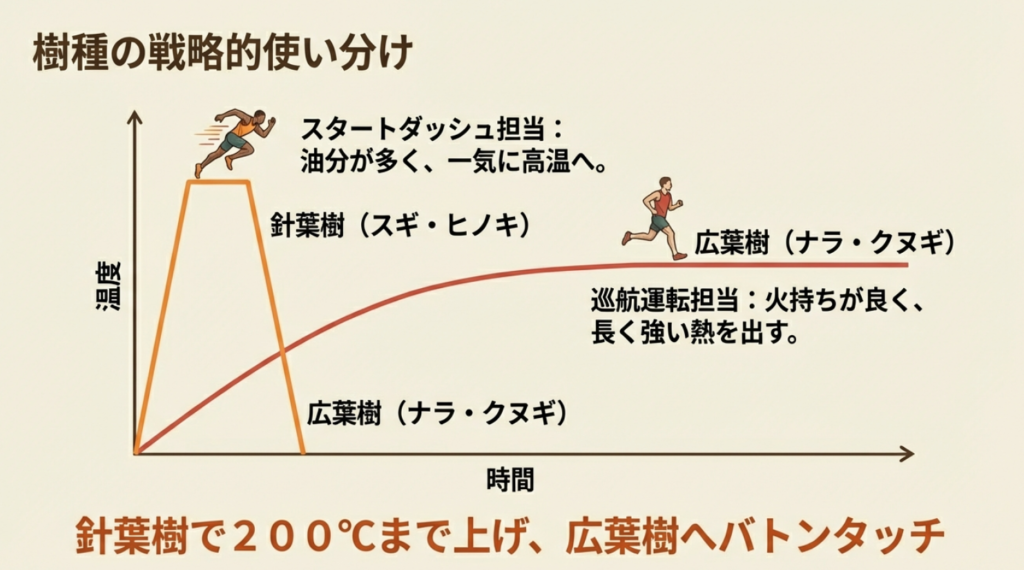針葉樹はスタートダッシュで一気に高温にし、広葉樹は巡航運転で長く強い熱を出すという、樹種ごとの温度上昇と燃焼時間の違い