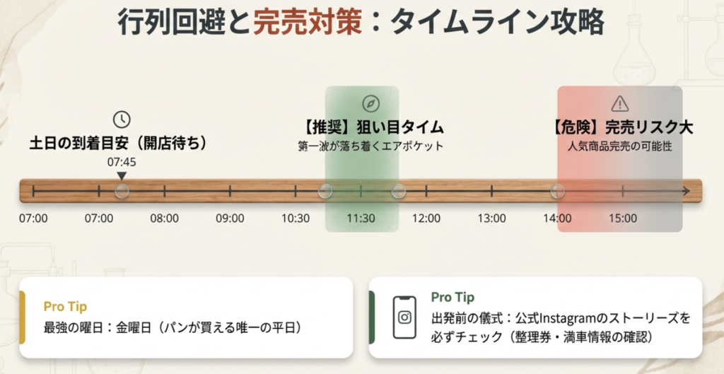 開店から閉店までの混雑状況と完売リスクを示したタイムライン。狙い目は10時半から11時半